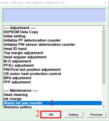 Trong cửa sổ mở ra, tìm và chọn mục “Waste ink pad counter”, sau đó xác nhận lựa chọn bằng nút “OK”: 