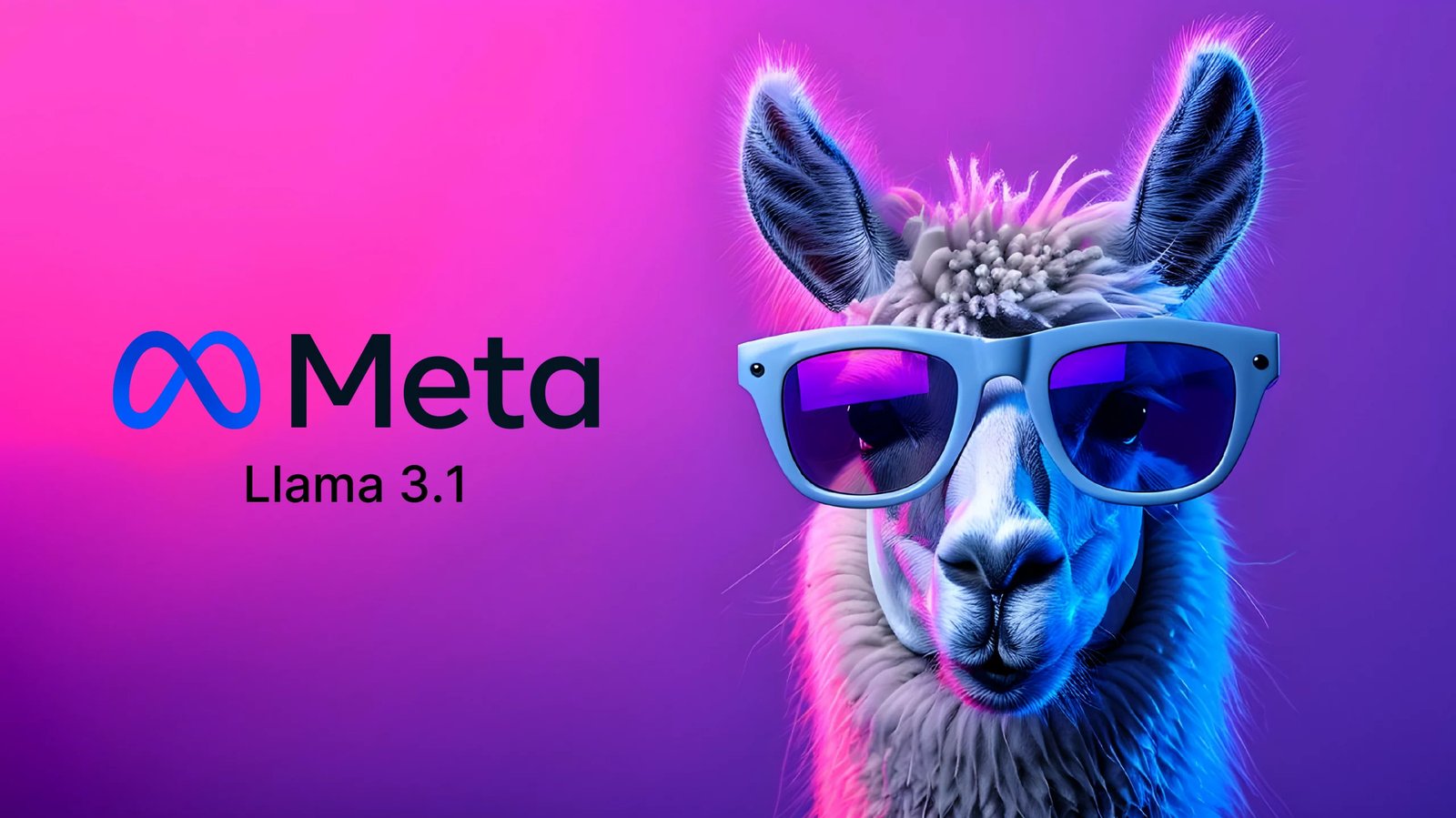 Hình ảnh mô tả Meta Llama 3.1, một mô hình AI mã nguồn mở với hình ảnh con lạc đà đeo kính râm trên nền màu hồng và tím.